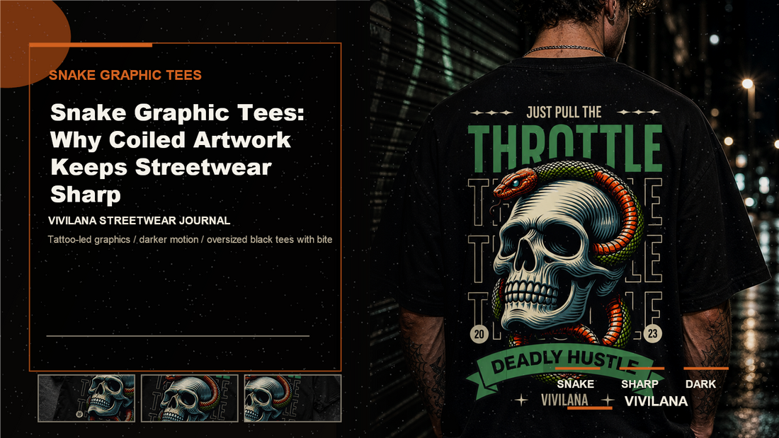 Snake graphic tees poster cover with dark oversized streetwear photography and Vivilana editorial typography