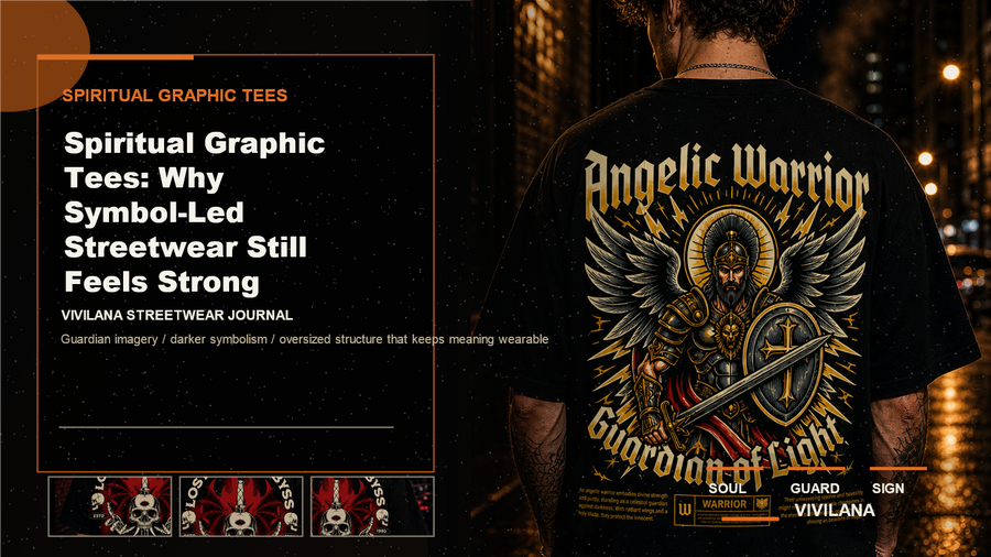 Spiritual graphic tees poster cover with dark oversized streetwear photography, cream typography, and orange editorial accents