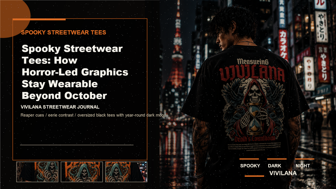 Spooky streetwear tees poster cover with dark oversized streetwear photography, cream type, and orange Vivilana editorial accents