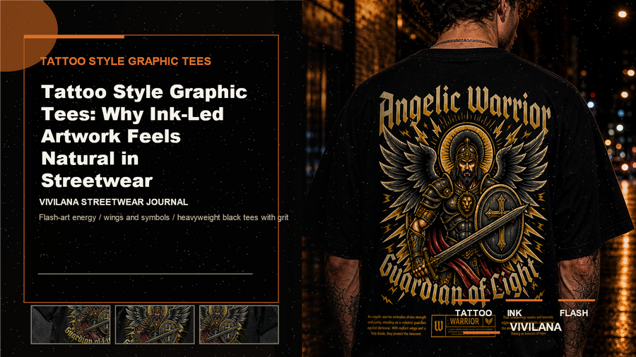 Tattoo style graphic tees poster cover with dark oversized streetwear photography, cream type, and orange Vivilana poster accents
