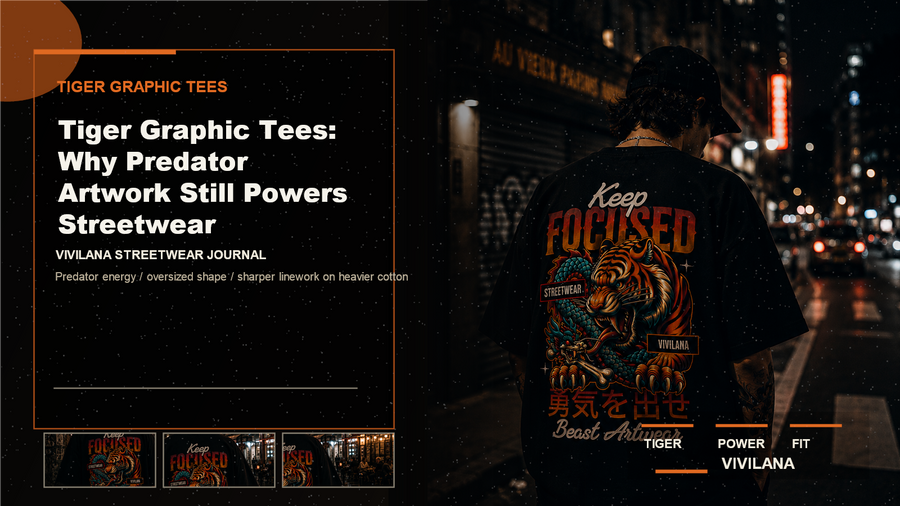 Tiger graphic tees poster cover with dark oversized streetwear photography and Vivilana editorial typography