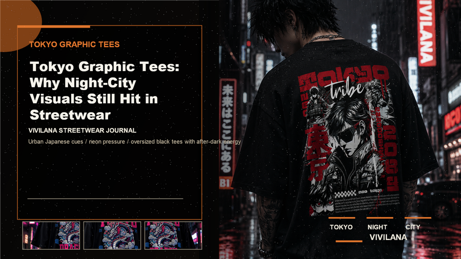 Tokyo graphic tees poster cover with dark oversized streetwear photography, cream typography, and orange Vivilana editorial accents