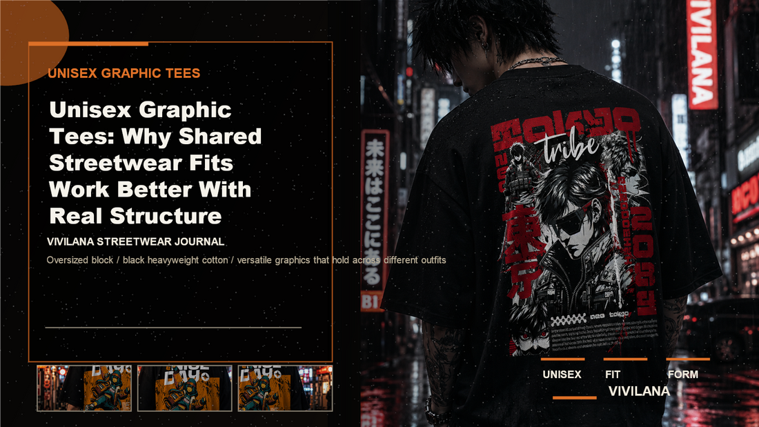 Unisex graphic tees poster cover with dark oversized streetwear photography, cream typography, and orange Vivilana editorial accents