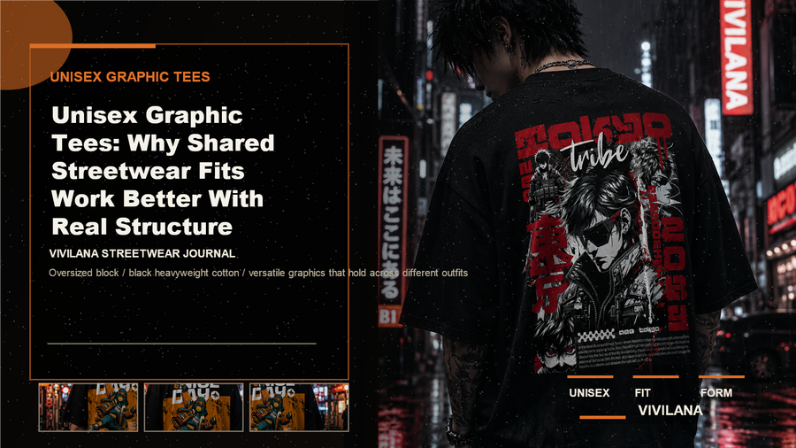 Unisex graphic tees poster cover with dark oversized streetwear photography, cream typography, and orange Vivilana editorial accents