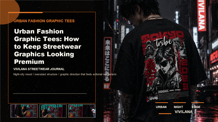 Urban fashion graphic tees poster cover with dark streetwear photography, cream type, and orange Vivilana poster accents