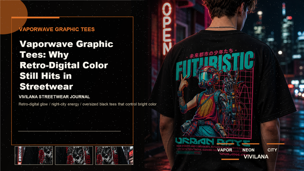 Vaporwave graphic tees poster cover with dark oversized streetwear photography, cream type, and orange Vivilana editorial accents