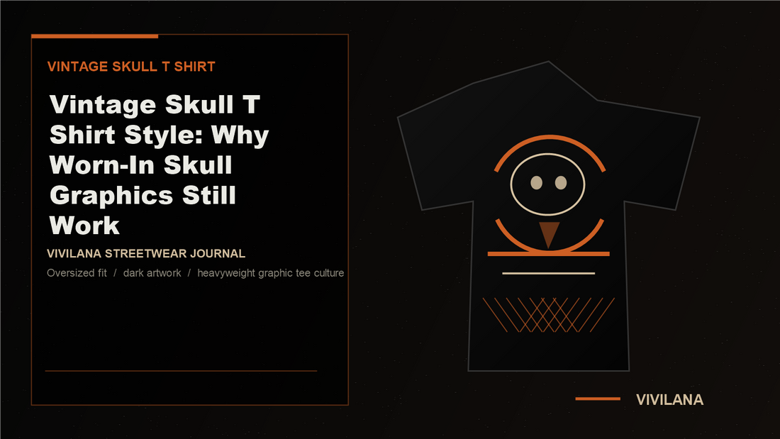 Vintage skull T-shirt cover with dark streetwear mood and orange-cream editorial accents