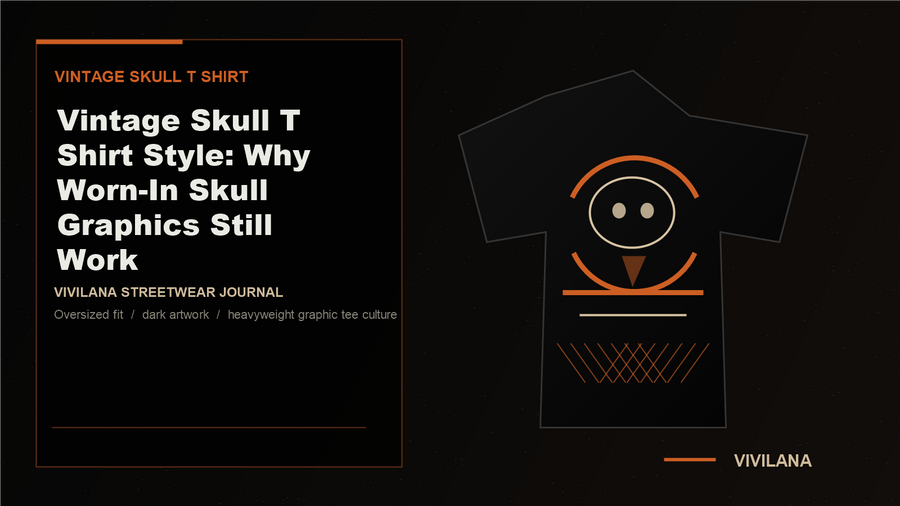 Vintage skull T-shirt cover with dark streetwear mood and orange-cream editorial accents