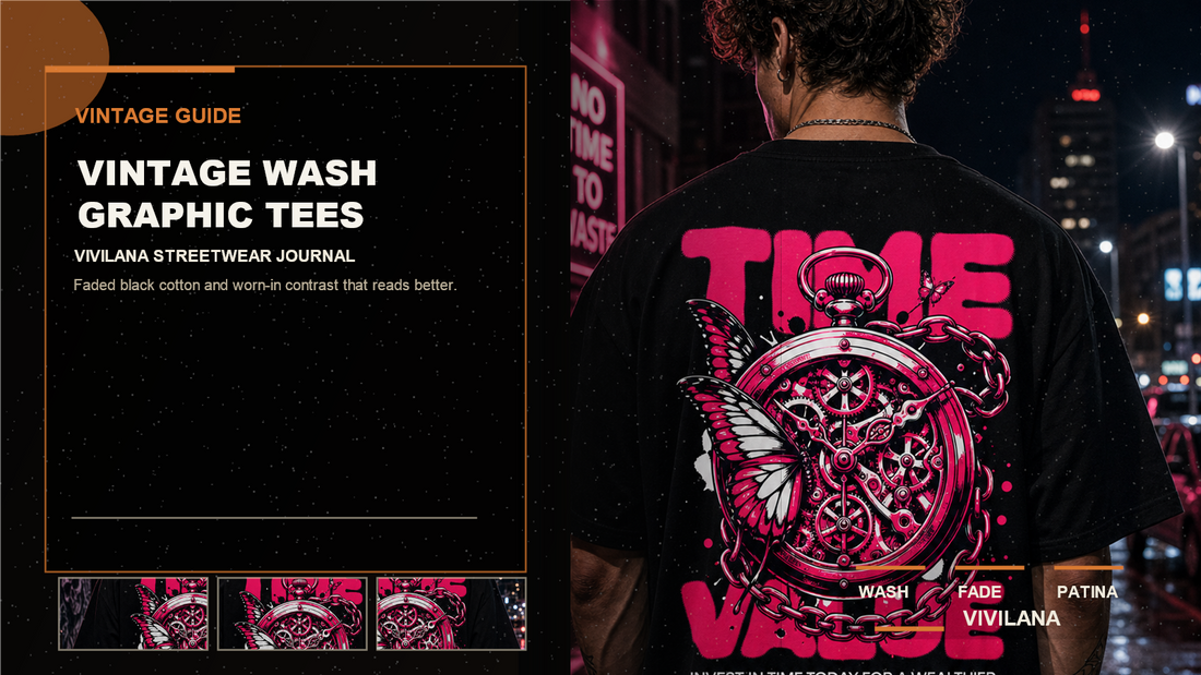Vintage wash graphic tees poster cover with dark streetwear photography, cream typography, and orange editorial accents