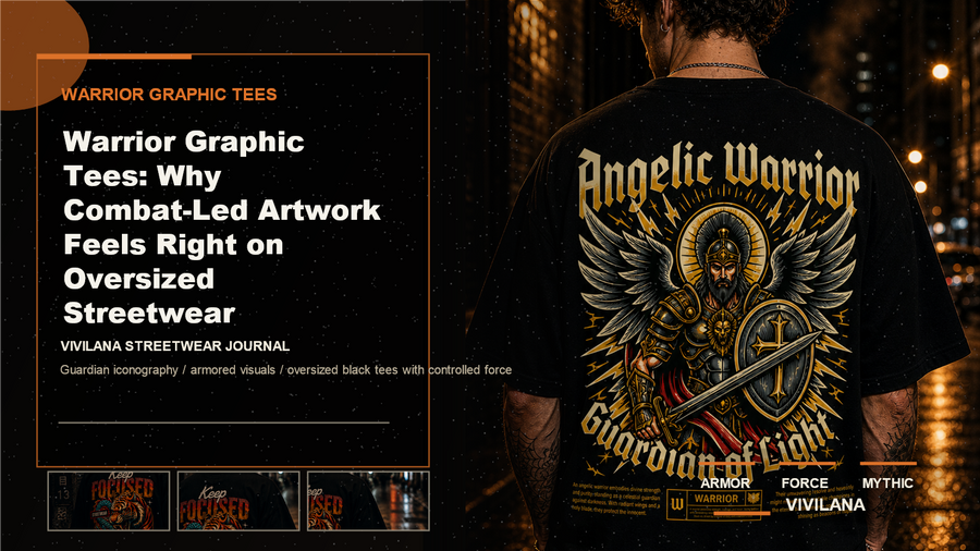 Warrior graphic tees poster cover with dark oversized streetwear photography, cream type, and orange Vivilana editorial accents