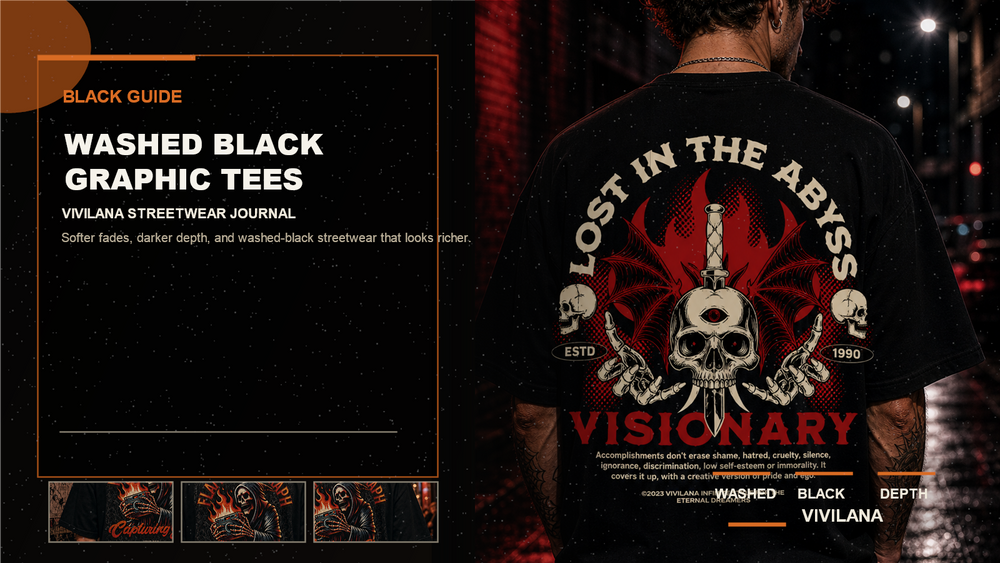 Washed black graphic tees poster cover with oversized streetwear photography, cream typography, and orange editorial accents