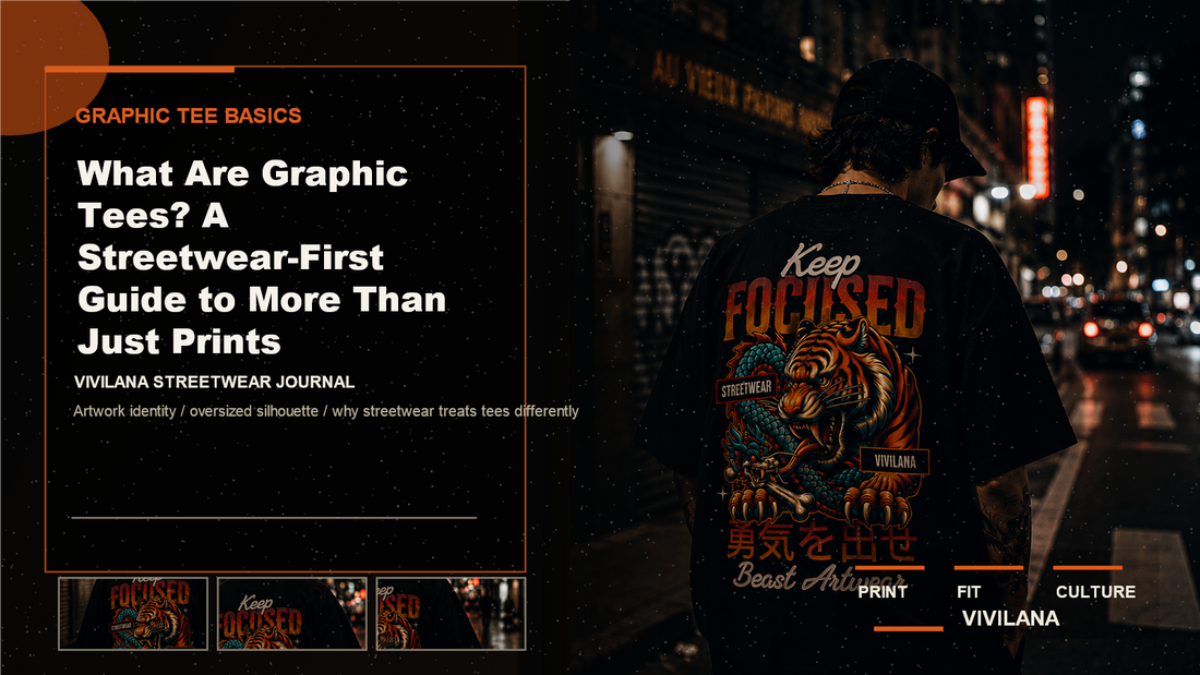 Dark Vivilana poster cover explaining what graphic tees are with oversized tee photography and editorial orange accents