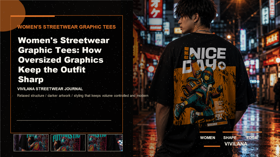 Women's streetwear graphic tees poster cover with dark oversized streetwear photography, cream typography, and orange Vivilana editorial accents