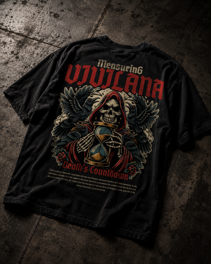 Black graphic tee with Grim Reaper, hourglass, and crows, 'Measuring Vivilana Death's Countdown' design
