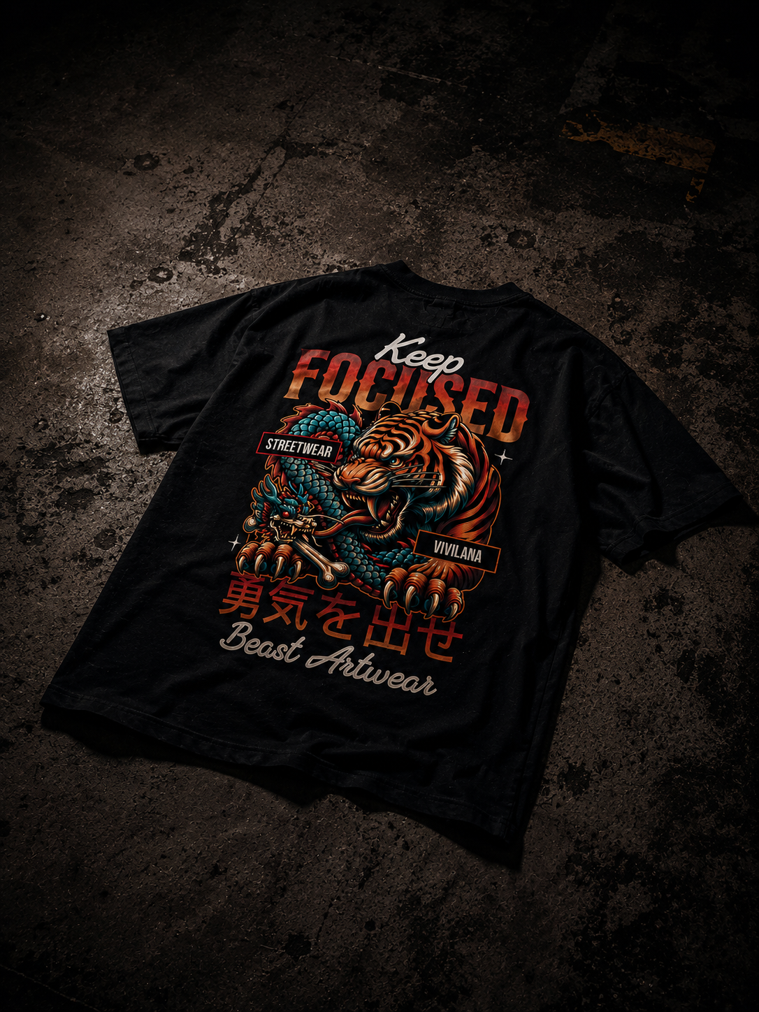 Black streetwear t-shirt with tiger and dragon graphic, 'Keep Focused' text, and Beast Artwear design