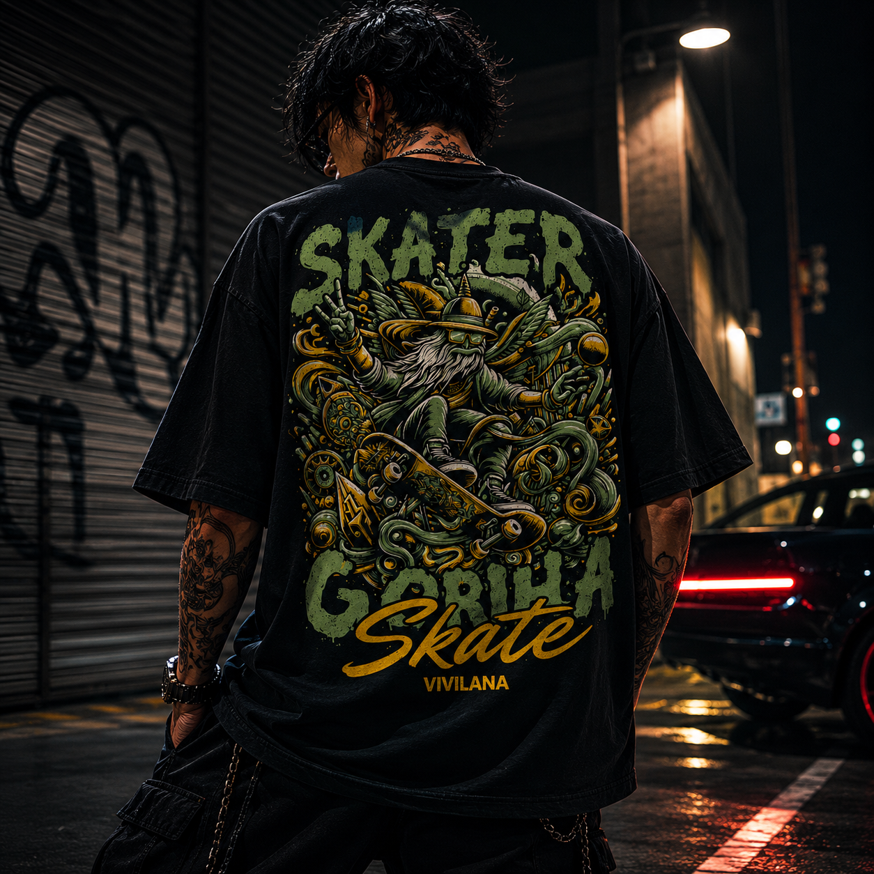 Skater Gorilla Skate graphic tee with vibrant street art design, worn in urban night setting