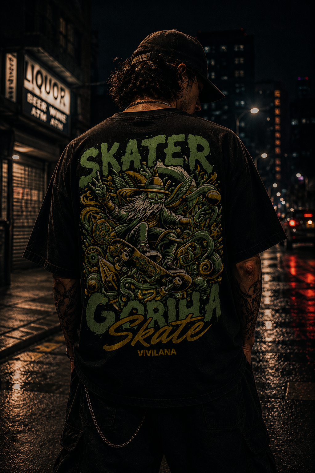 Skater Gorilla Skate graphic tee on urban night street