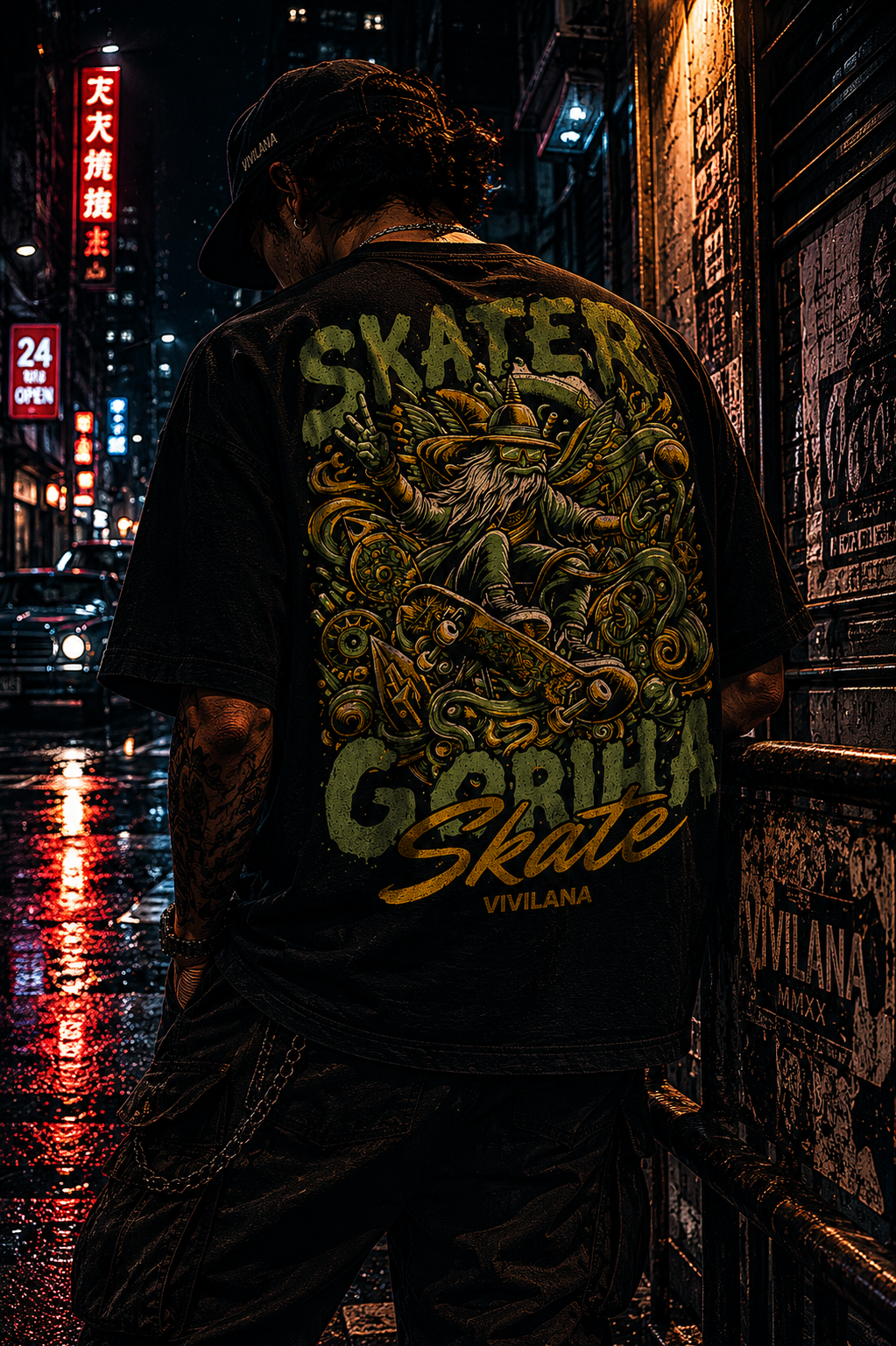 Skater Gorilla Skate graphic tee on man in neon-lit city street, urban streetwear style