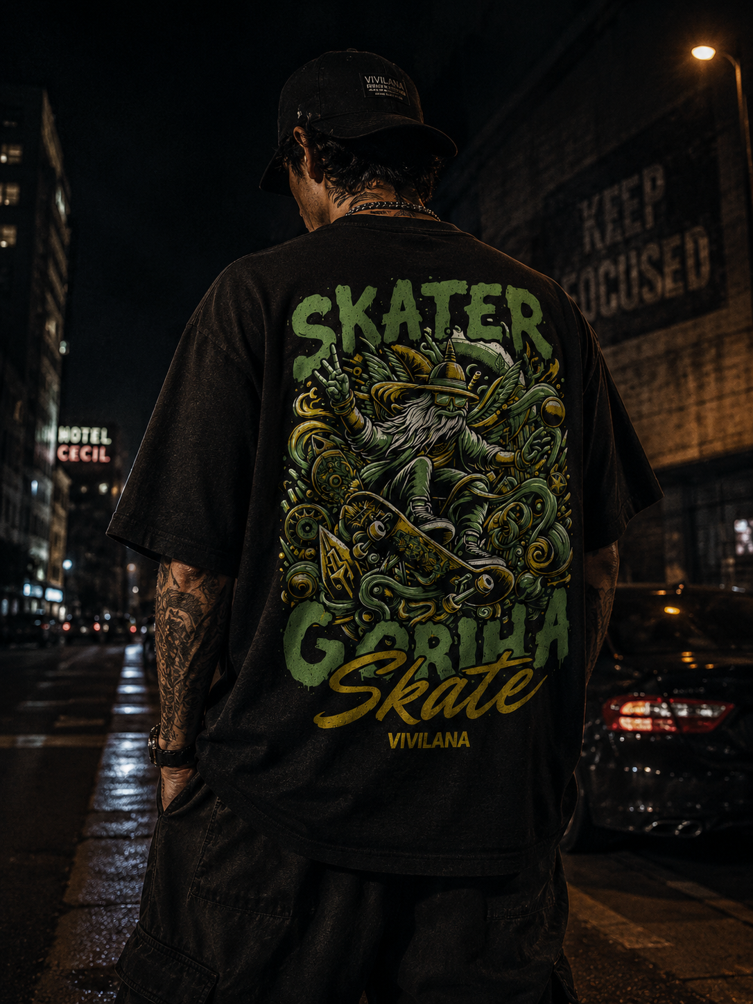 Skater Gorilla Skate graphic tee on man in urban night street, bold streetwear design