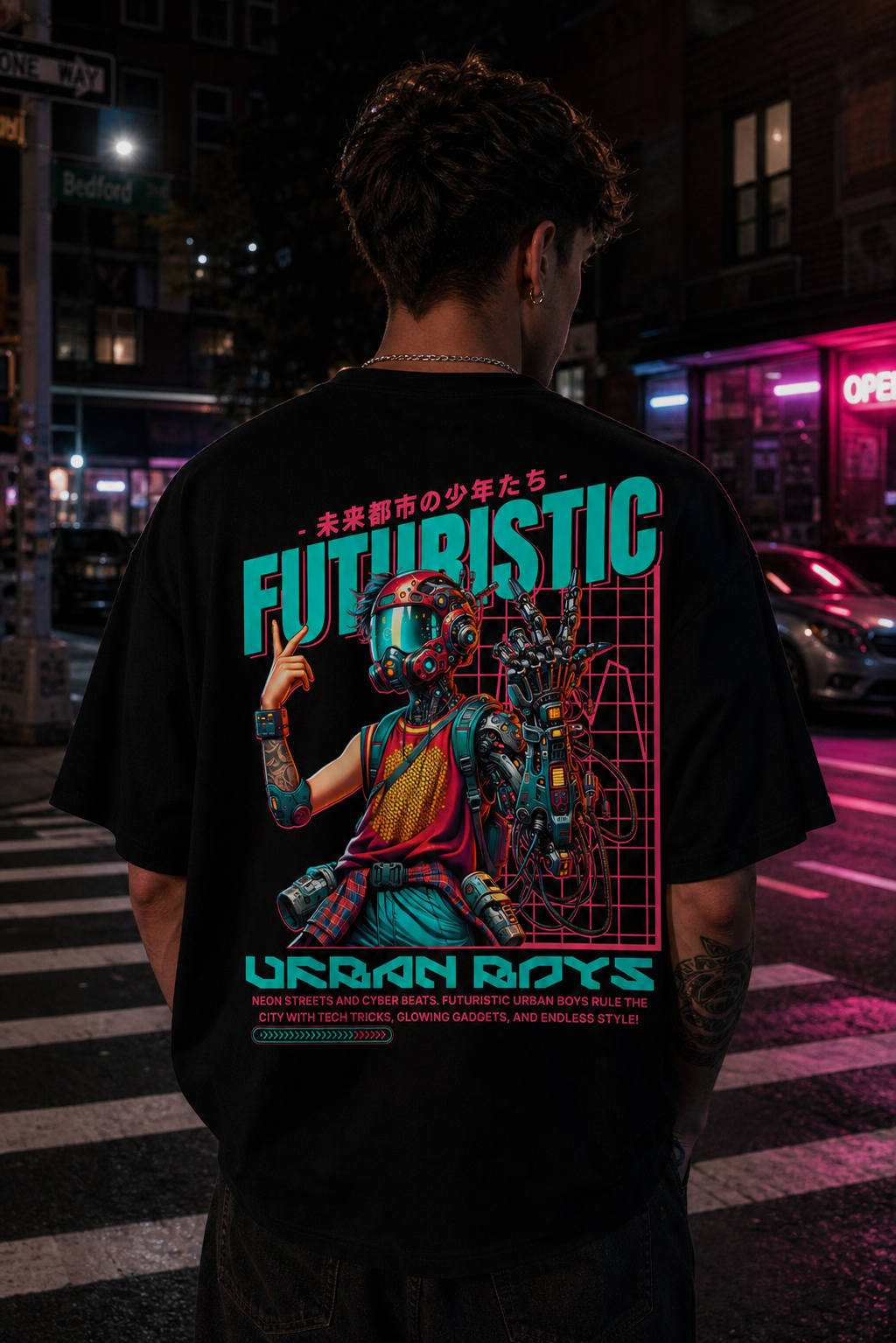 Futuristic urban boys graphic tee with neon cyberpunk design, tech gadgets, and glowing style on city street