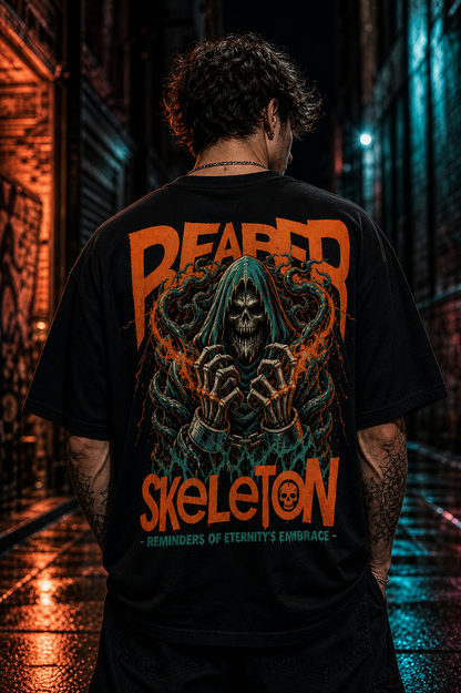 Black graphic tee with skeleton design, 'BEARED SKELETON' text, worn in neon-lit alley