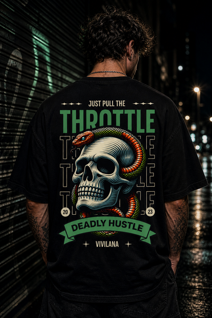 Men's black graphic tee with skull, snake, and 'Just Pull The Throttle' text, urban night backdrop