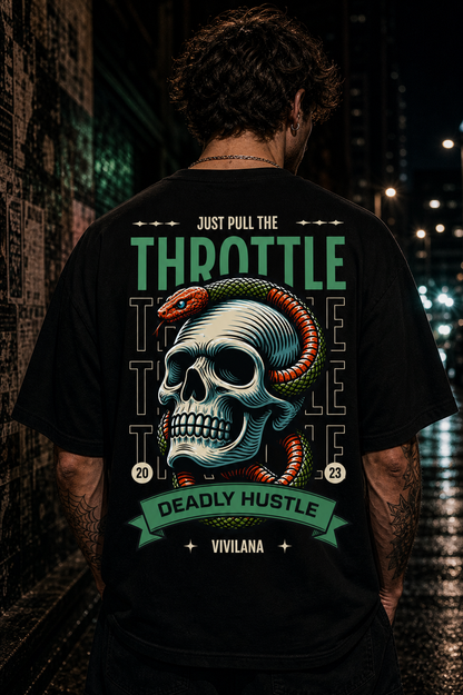 Black graphic tee with skull, snake, and 'Just Pull The Throttle Deadly Hustle' text, urban night backdrop