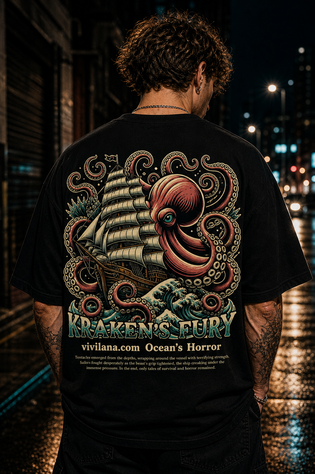 Kraken's Fury ocean horror t-shirt with giant squid attacking ship, bold nautical graphic design