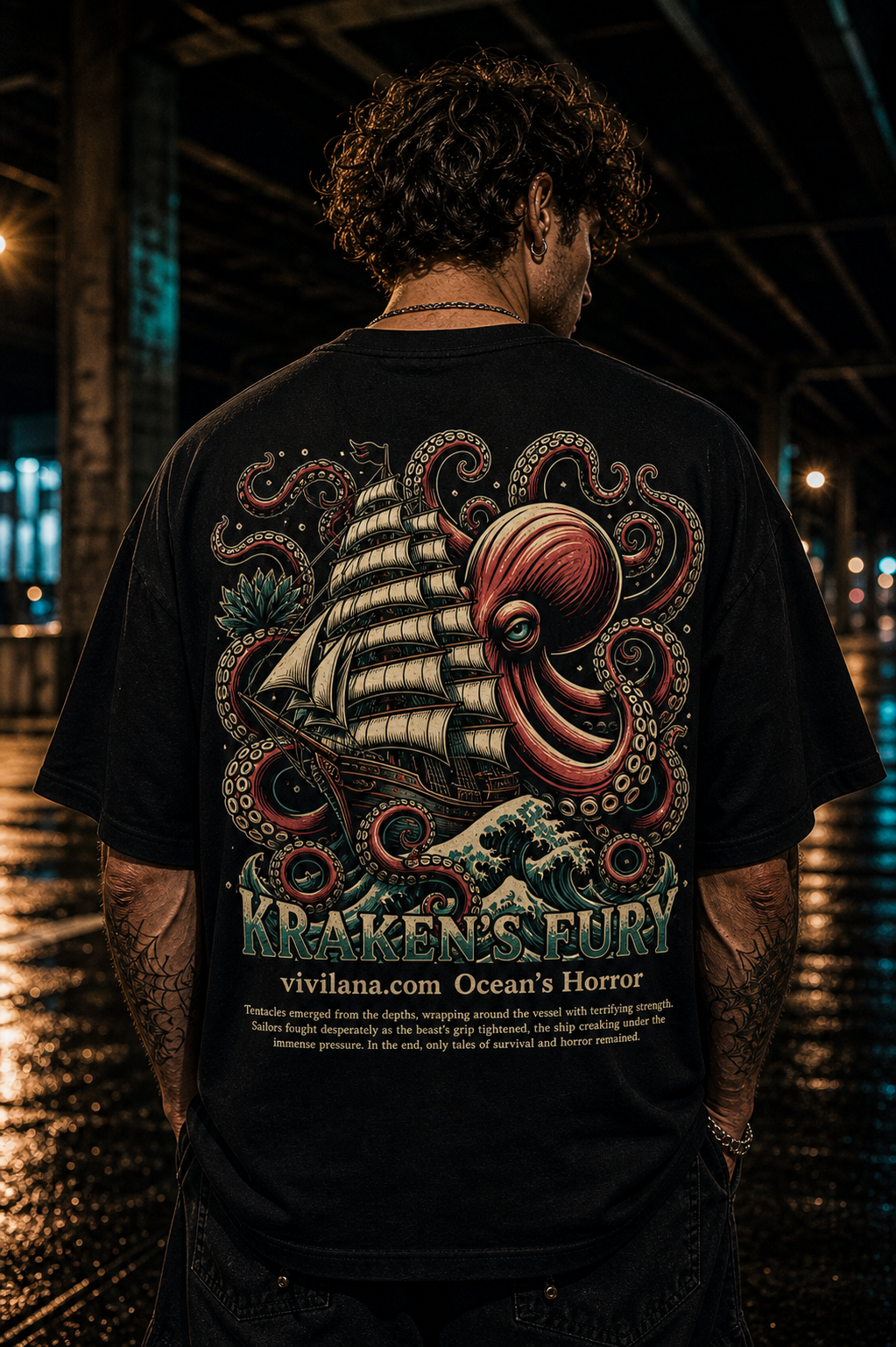 Kraken's Fury graphic tee with octopus attacking ship, ocean horror design on black t-shirt