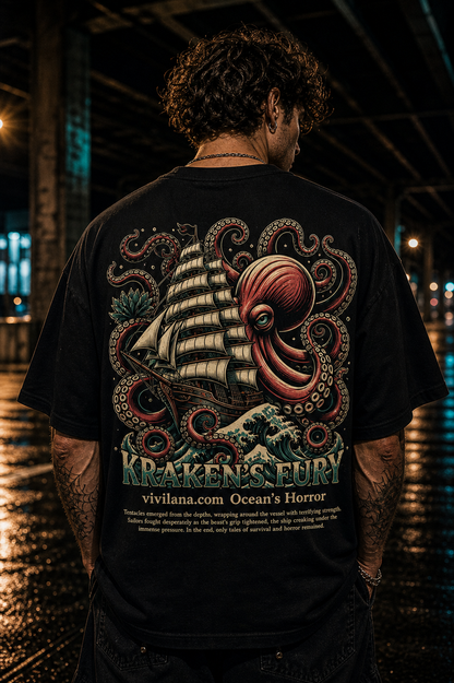 Kraken's Fury graphic tee with octopus attacking ship, ocean horror design on black t-shirt