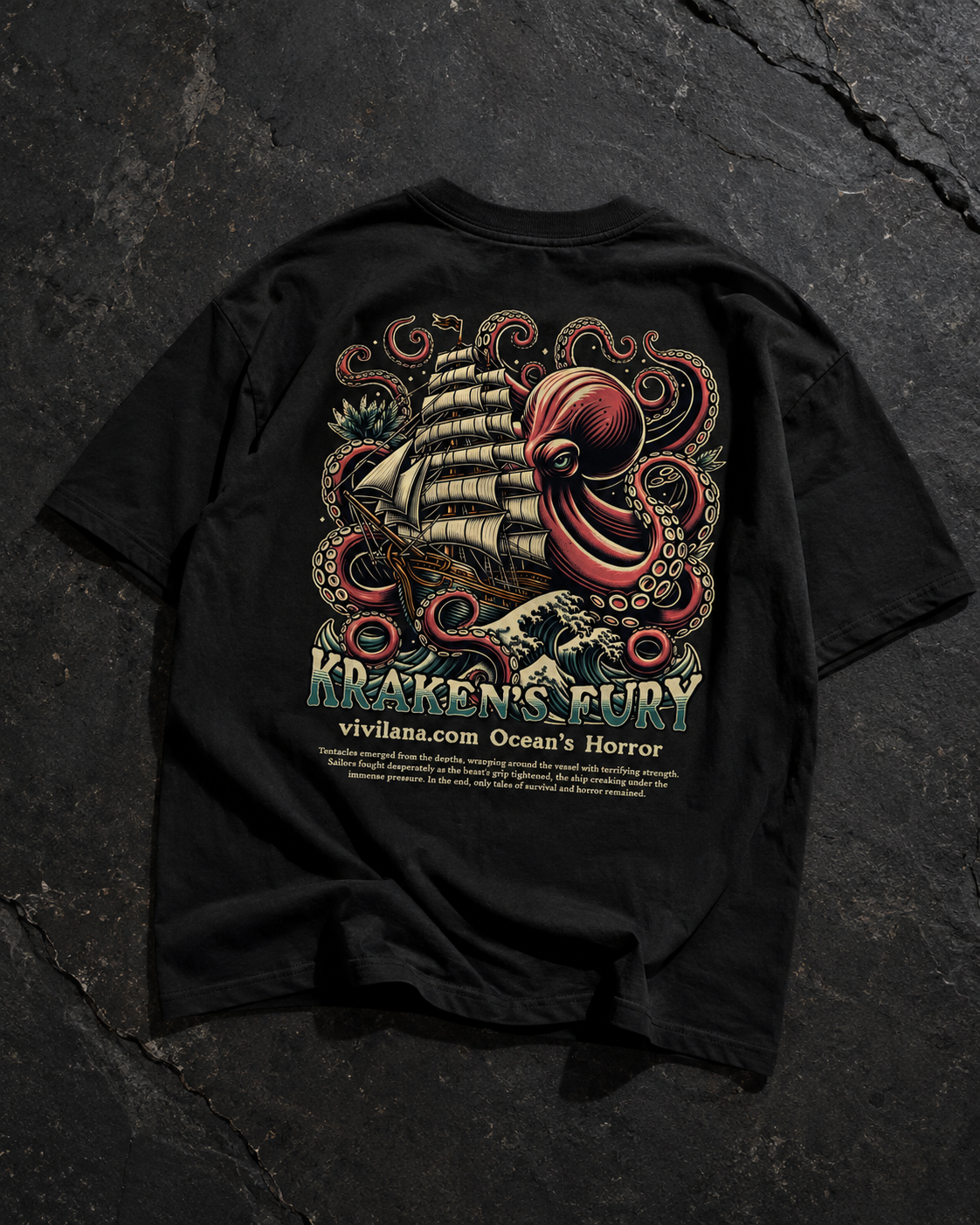Kraken's Fury graphic tee with giant octopus attacking ship, ocean horror design on black t-shirt