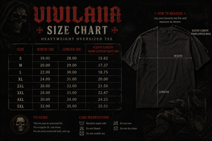 Vivilana heavyweight oversized tee size chart with measurements, fit guide, and care instructions for black T-shirt