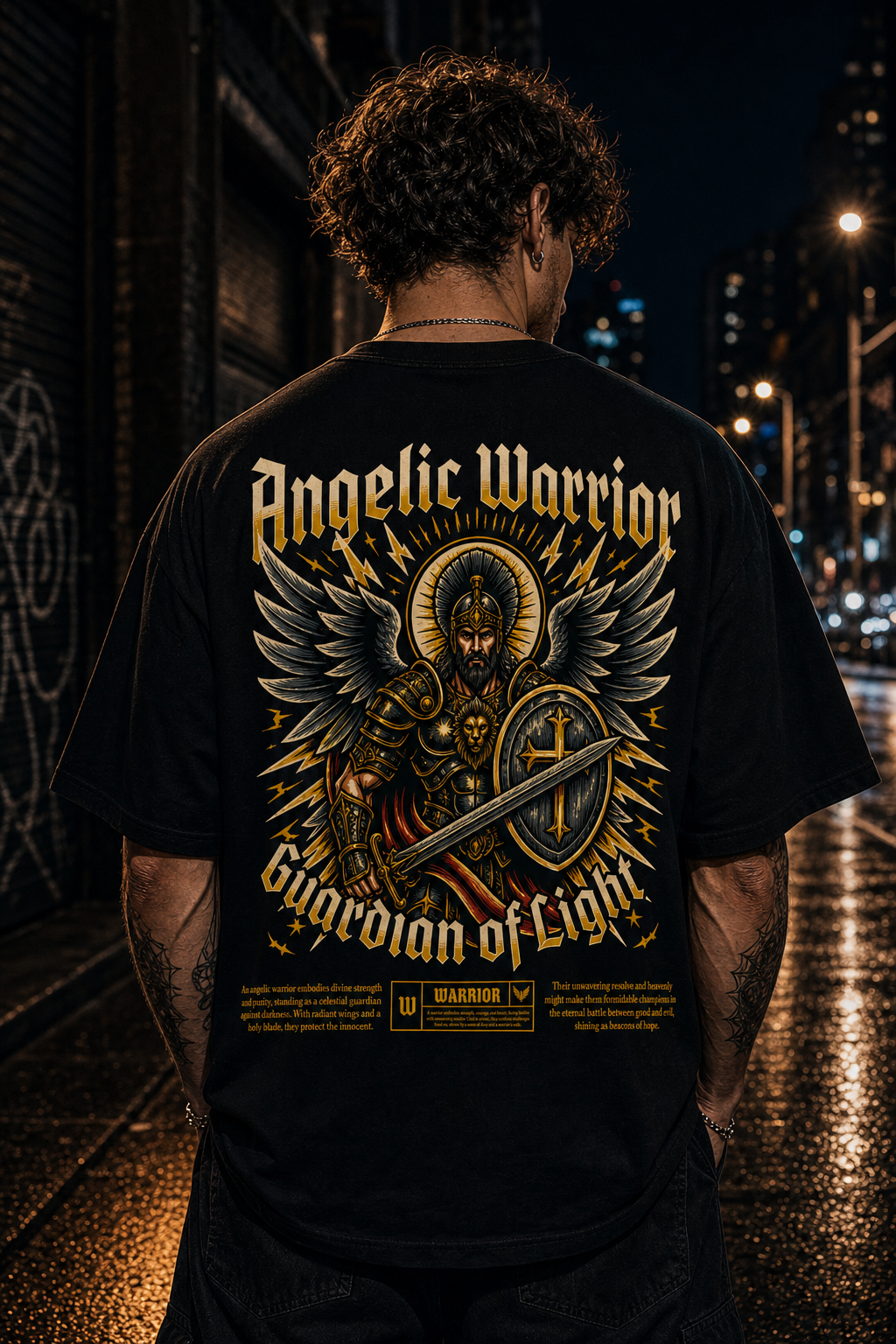 Angelic Warrior Guardian of Light t-shirt with wings and sword design on urban night street
