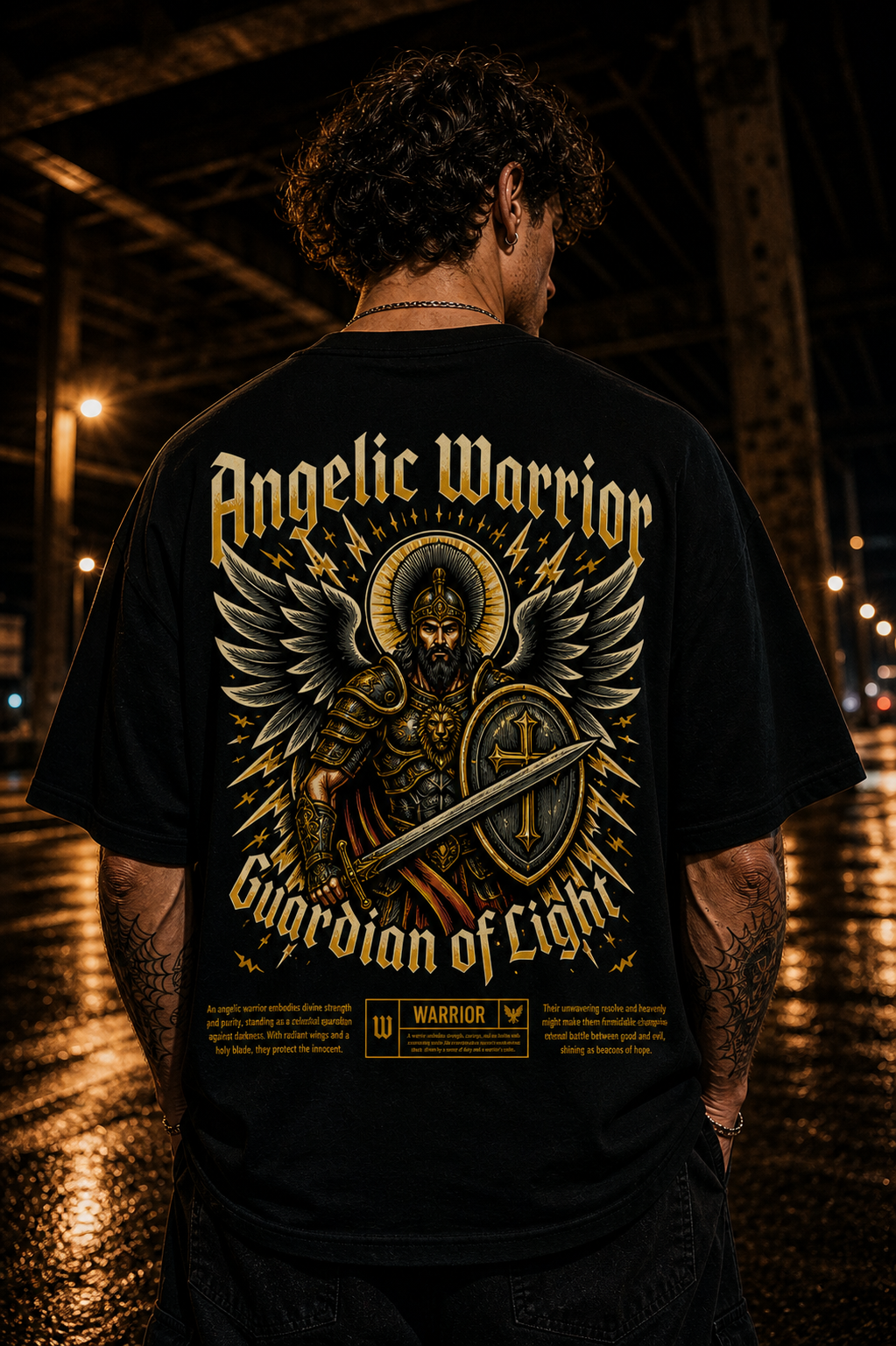 Black t-shirt with 'Angelic Warrior Guardian of Light' design featuring armored angel with sword and wings.