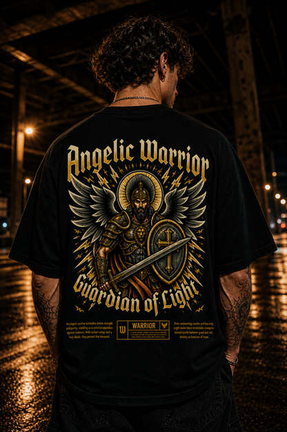 Black t-shirt with 'Angelic Warrior Guardian of Light' design featuring armored angel with sword and wings.
