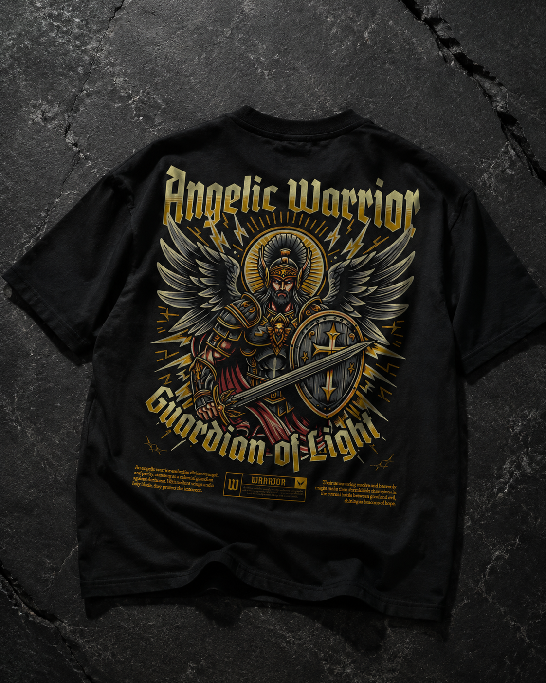 Black t-shirt with Angelic Warrior design, featuring wings, sword, and shield on dark stone background