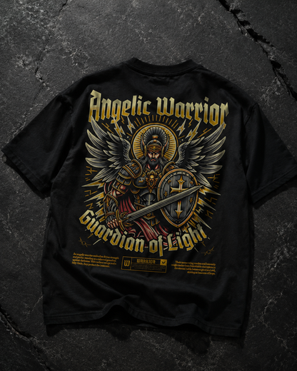 Black t-shirt with Angelic Warrior design, featuring wings, sword, and shield on dark stone background
