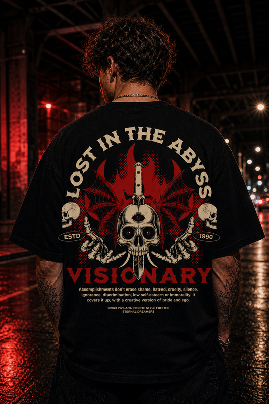 Black graphic tee with 'Lost in the Abyss' skull design, red flames, and 'Visionary' text, worn urban night setting