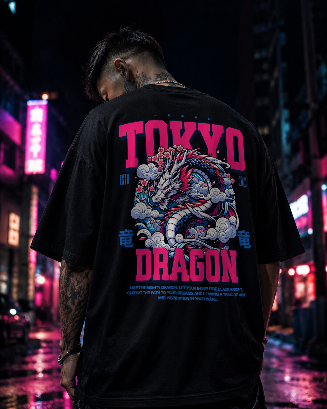 VIVILANA Tokyo Dragon Graphic Tee — Neon Japanese Dragon Streetwear